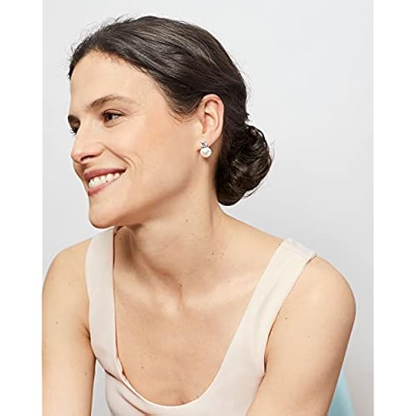 Pendientes de mujer de perlas cultivadas de agua dulce con circonita SECRET & YOU. Diseño Tú y Yo - Pendientes de Plata de Ley Rodiada de 925 milésimas con tuerca grande.